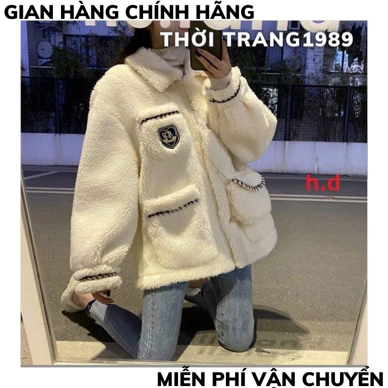 áo khoác lông kèm túi in logo ,áo khoác lông nữ ,form rộng phong cách ulzzang vintaghe hàn quốc ,XƯỞNG MAY TC2