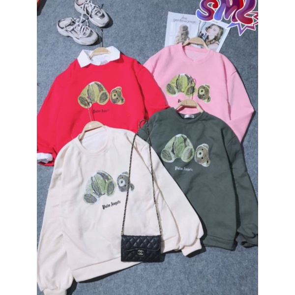 Áo Nỉ Sweater Nam Nữ Dập Hình Gấu Chữ Palm Angels, Áo Sweater Oversize Basic, áo Nỉ Tay Bồng Unisex