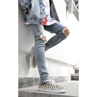 Quần Jean Nam Xanh Zipper Form Skinny Rách Gối Dáng Ôm Chân Chất Liệu Cotton,Elastan
