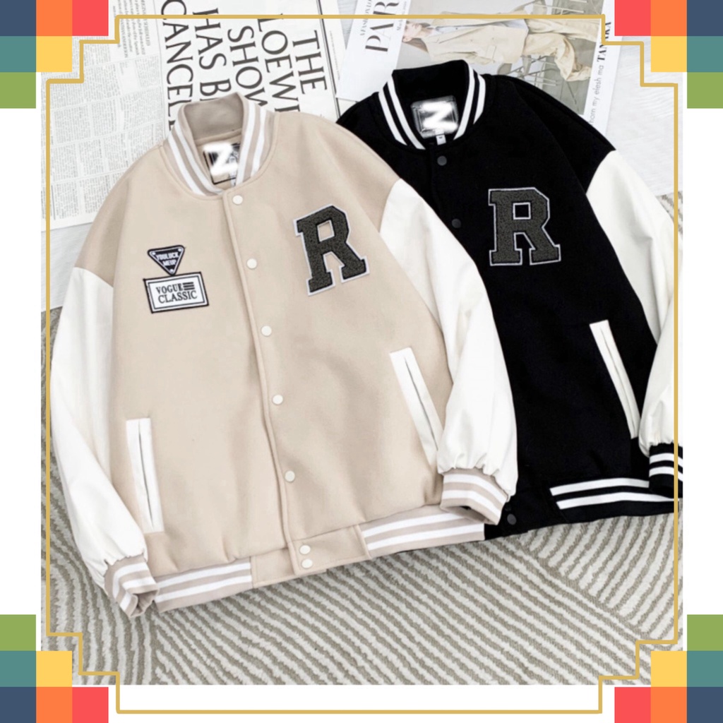 !! Áo Khoác Bomber Varsity Jacket Bóng Chày Thêu Chữ 𝐑 Chất Da Lộn Lót Dù Form Rộng Basic Nam Nữ Unisex Couple Ulzzang