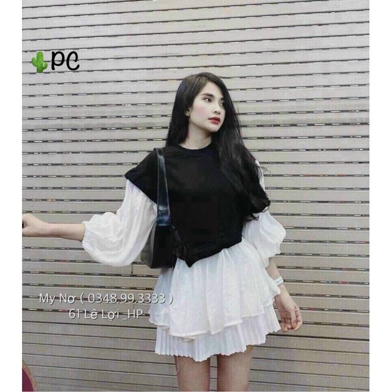 áo baybydoll đen trắng phối dây eo xinh bh12