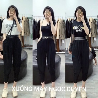 Quần bom nữ dáng dài baggy cạp thun chun lưng cao in chữ Vải tăm nhăn lạnh xếp ly co giãn siêu mát quần vải nữ công sở