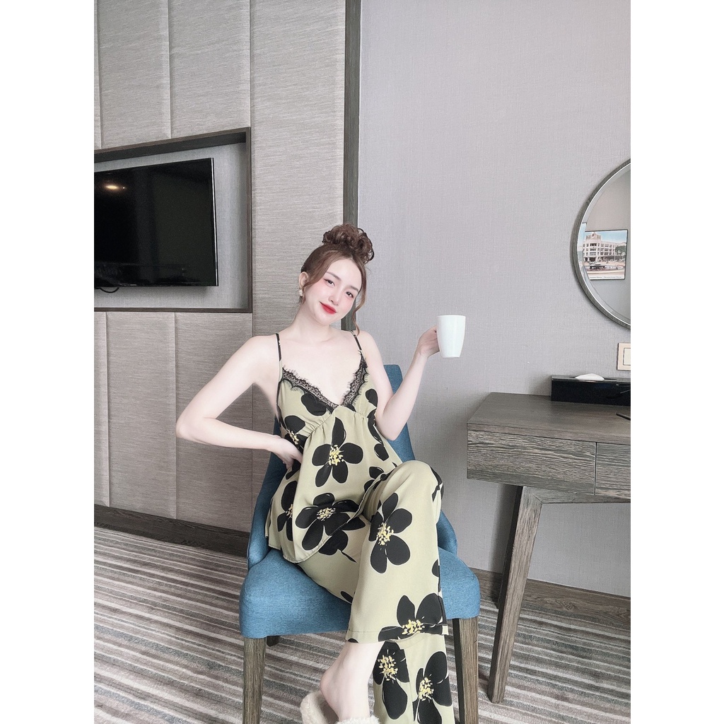 Đồ Pijama ngủ mặc nhà lụa mango hai dây TNQD (tặng kèm muốt ngực) freesize form 42-58kg