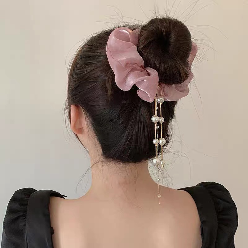 Cột tóc vải scrunchies đính dây ngọc hàn quốc dây buộc tóc scrunchies nhiều màu
