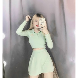 Sét bộ áo croptop tay dài thêu logo con ngựa bên ngực phối chân váy bút chì ngắn cực xinh , chất thun bozip mềm mịn