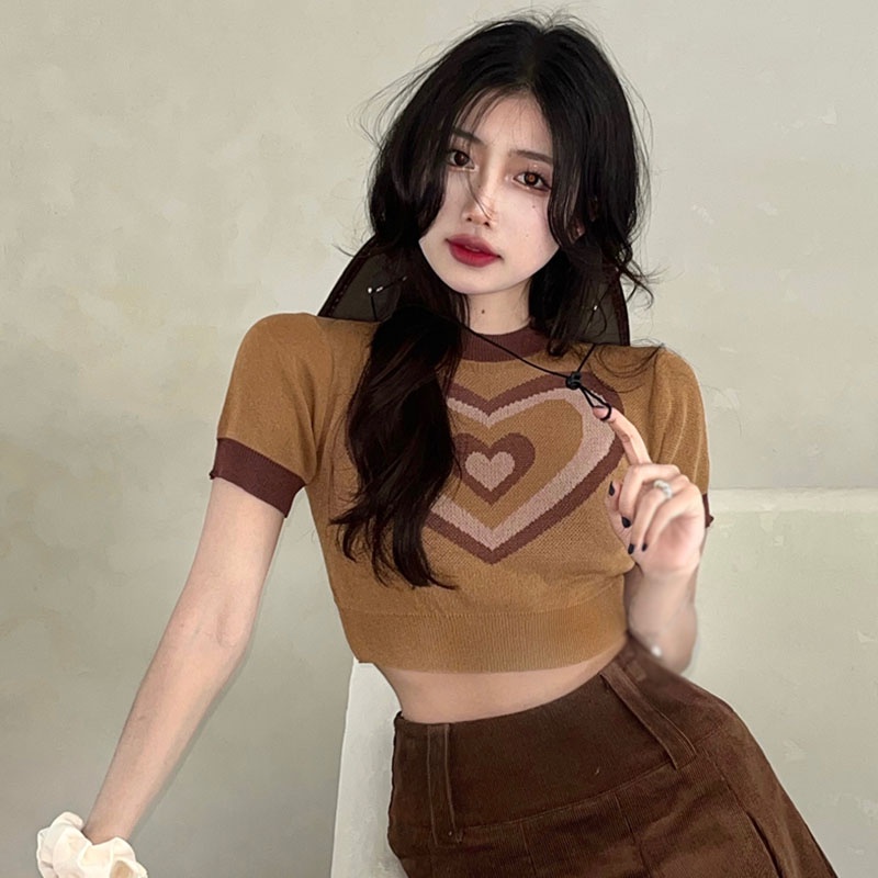 Áo Thun Dệt Kim Tay Ngắn Form Ôm Thoáng Khí Cho Nữ