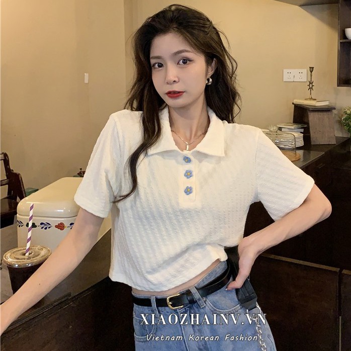 Áo sơ mi croptop Xiaozhainv đính nút phong cách Hàn Quốc thời trang xinh xắn cho nữ