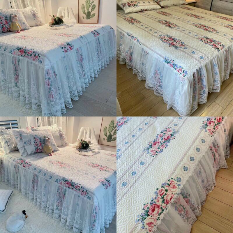 Ga trần phủ bèo ren, ga gối cotton trần phủ phối ren công chúa tặng kèm 2 vỏ gối
