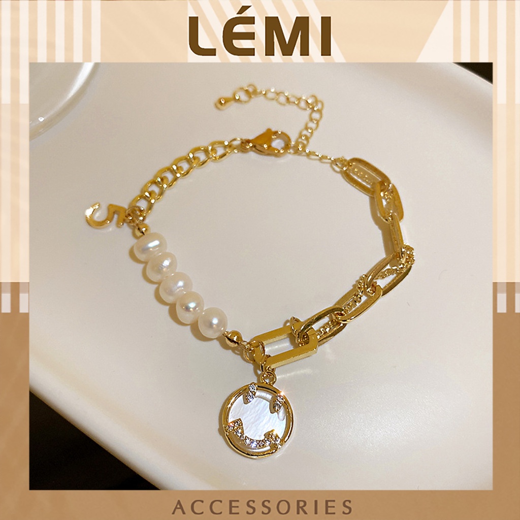 Lắc tay hạt trai nước ngọt mặt cười LEMI Vòng tay Retro số 5 bền màu thời trang Hàn Quốc