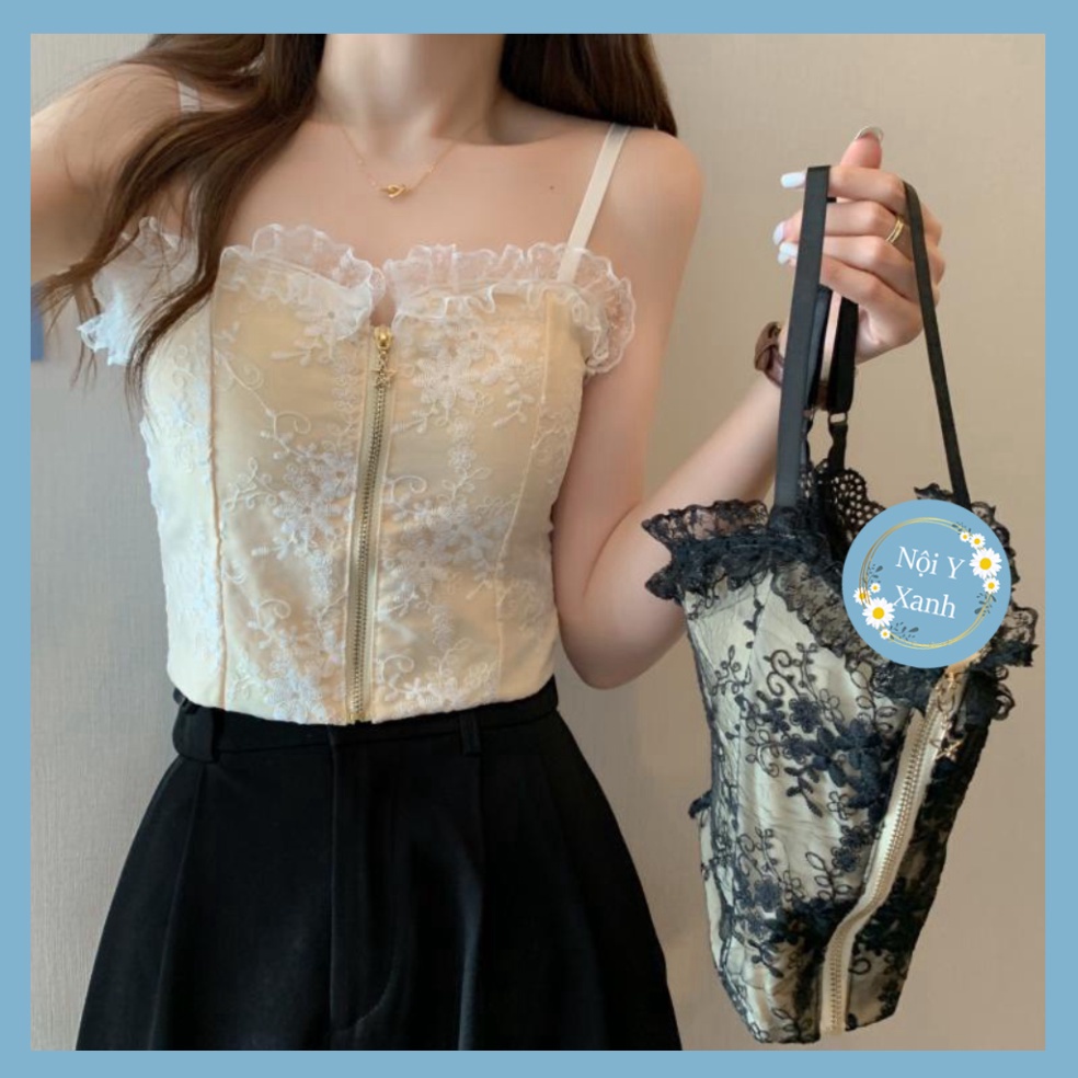 Áo Bra Thêu Ren Hoa Kéo Khoá Trước Ngực Viền Bèo Siêu Xinh B4 nội y xanh chất cực đẹp, sang chảnh, đồ lót