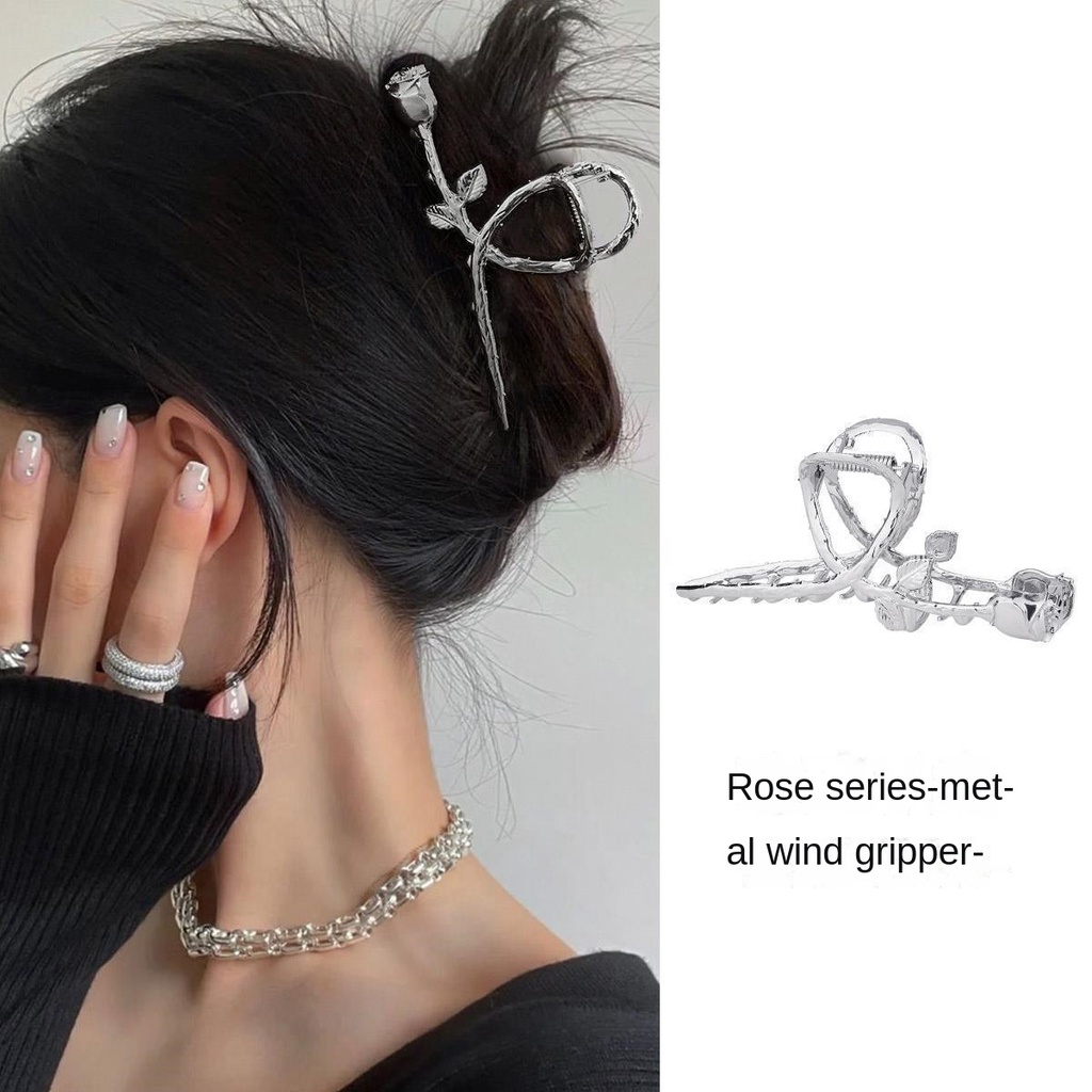 Kẹp Tóc Kim Loại Màu Bạc Hình Hoa Hồng Sang Trọng