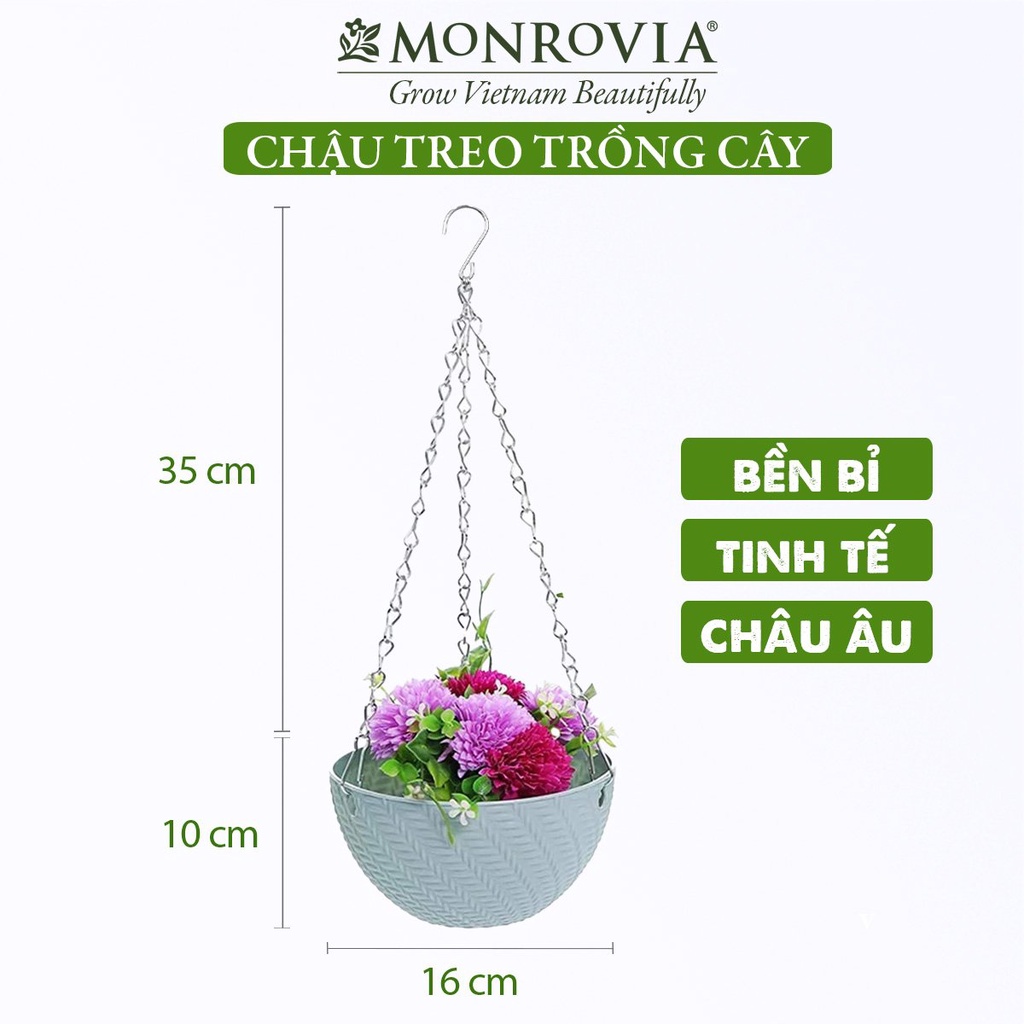 Chậu treo ban công Monrovia tặng dây treo sắt, trồng hoa, cây mini, cây cảnh, thiết kế vân nổi, thoát nước tốt