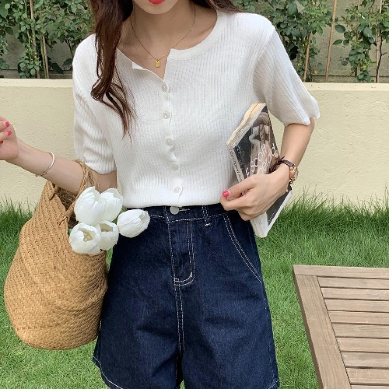 Áo khoác cardigan dệt kim ngắn tay màu trắng trẻ trung