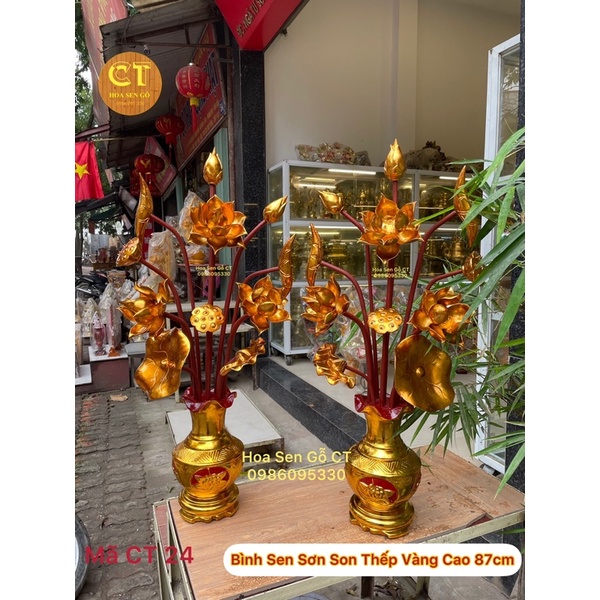 ❤️ Hoa Sen Gỗ Mít Sơn Son Thếp Vàng, Bình Vẽ Thủ Công ❤️