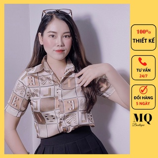 Áo sơ mi nữ lụa cộc tay cao cấp công sở màu be nâu xanh họa tiết ô chữ to ô vuông nâu, áo sơ mi thiết kế MQ Boutique