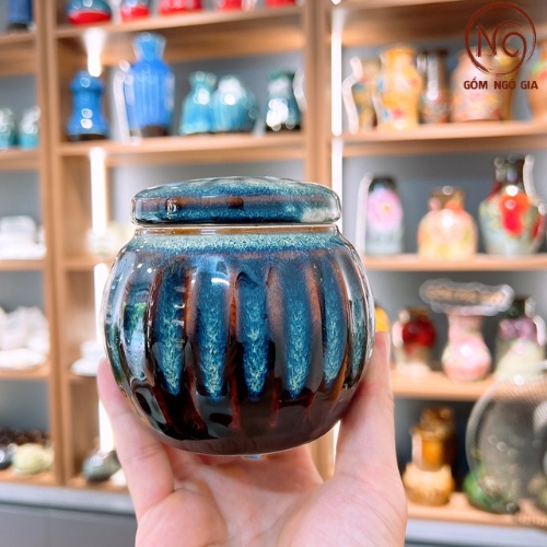 Bộ ấm trà đạo Giang Tây 3 Chân Men Hỏa Biến gốm sứ Bát Tràng, bộ ấm chén uống trà TTG12