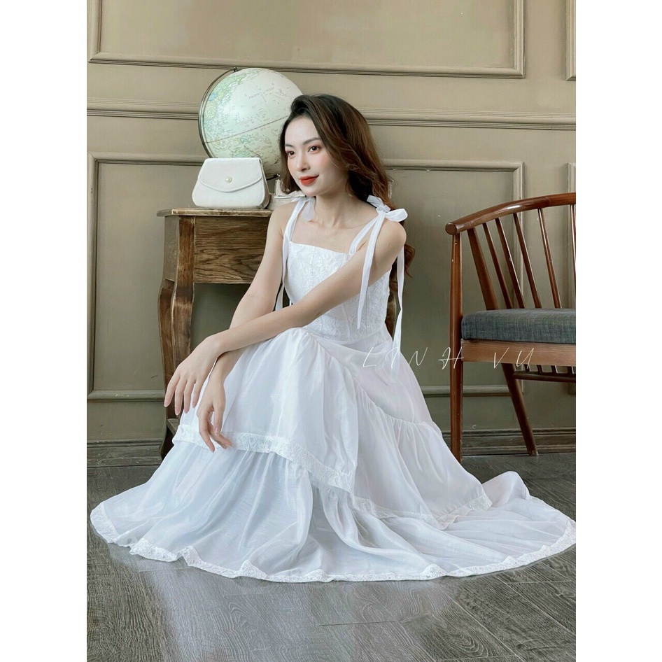 Váy 2 dây chân bồng chất vải lụa phối ren thời trang - LL017 | BigBuy360 - bigbuy360.vn