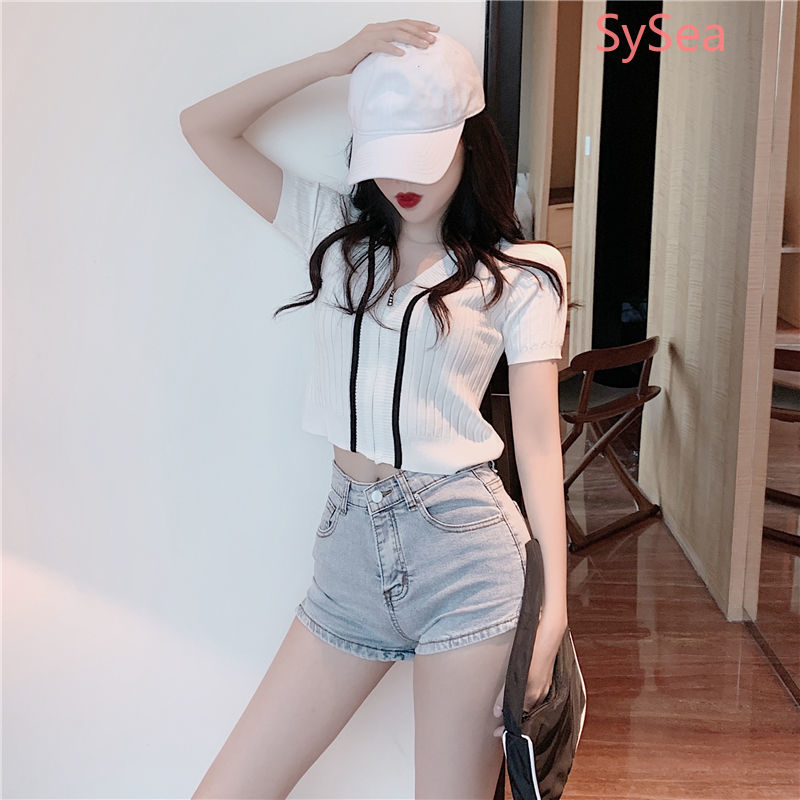 Áo tay ngắn cổ chữ V phối khóa kéo thời trang mùa hè dành cho phái nữ