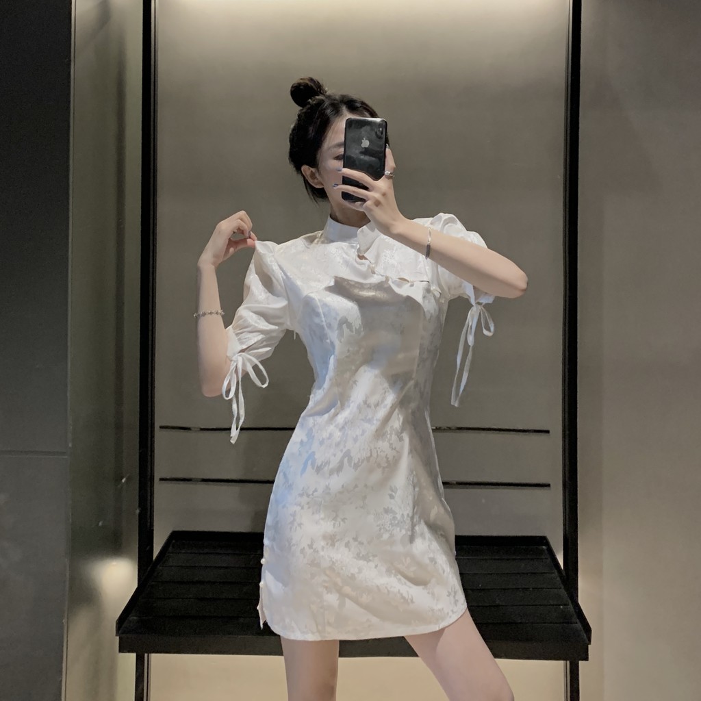 Đầm dáng ôm tay ngắn mini cổ tàu sườn xám Emilyshop