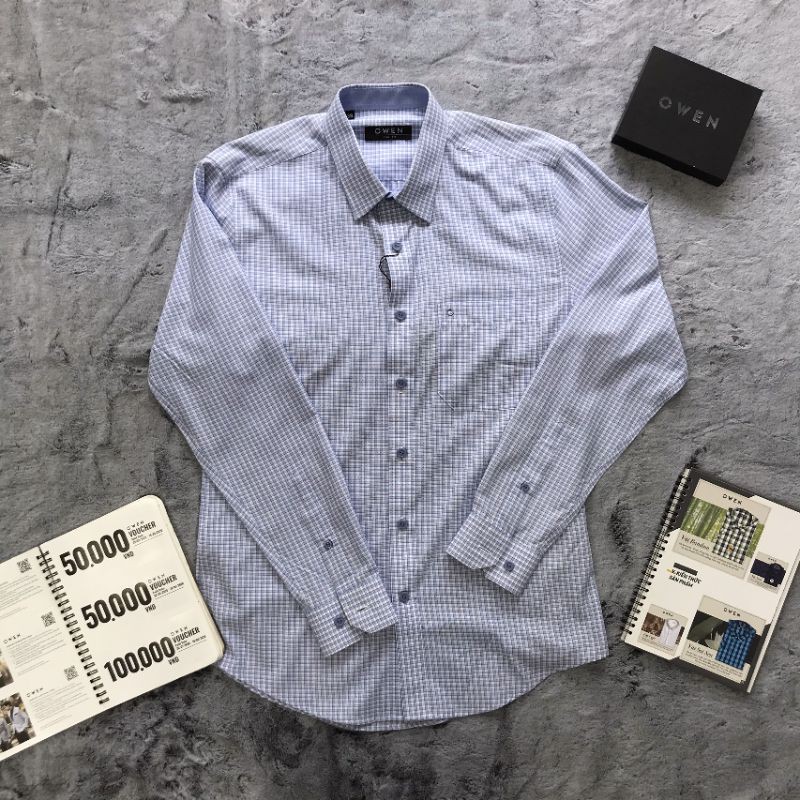 Áo Sơ Mi Nam Tay Dài Owen AS20840DT Dáng Slim Fit Màu Trắng Kẻ Caro Xanh