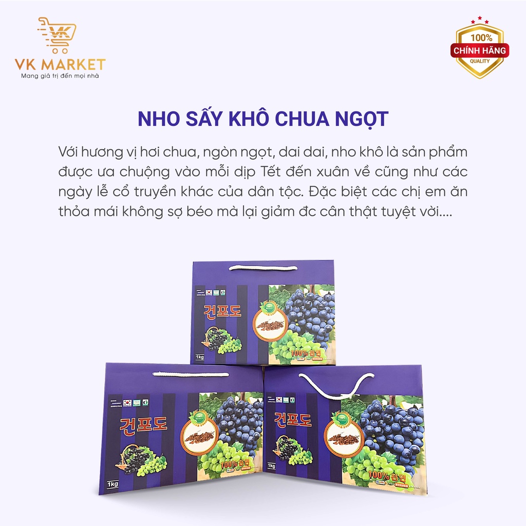 Nho sấy khô chua ngọt Hàn Quốc dẻo, không hạt thơm ngon hộp 1kg