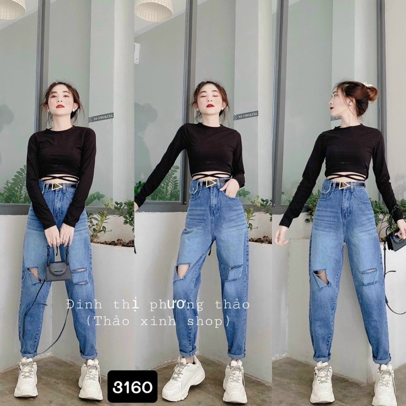 Quần baggy jeans MÃ 3160, quần bò baggy 9 tấc lưng cao rách gối - l00J