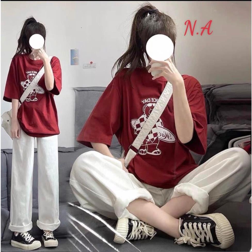 Set áo thun gấu NICE xinh xắn mix quần ống rộng FREESIZE phong cách ULZZANG