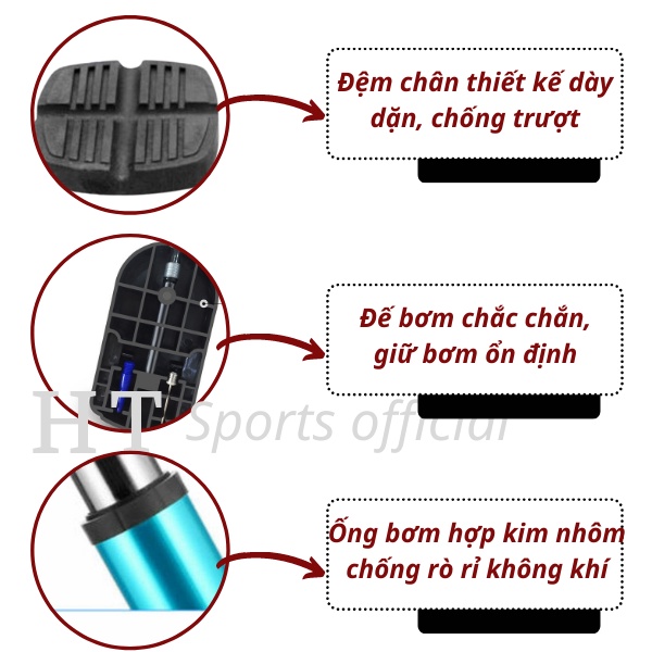 Bơm hợp kim nhôm loại đạp chân dùng cho xe đạp, xe máy, ô tô, có đồng hồ báo áp suất HT Sports