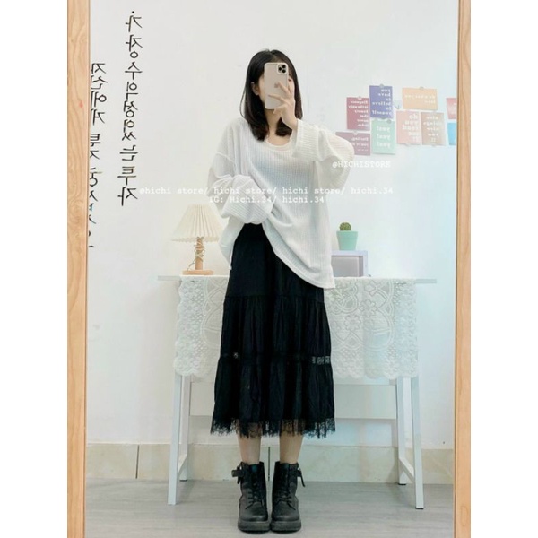 Chân váy midi xoè tầng phối ren vintage tiểu thư