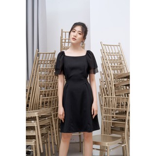 RẬP - Đầm Đen Tay Lưới Đính Hạt Trên Vai - TITI