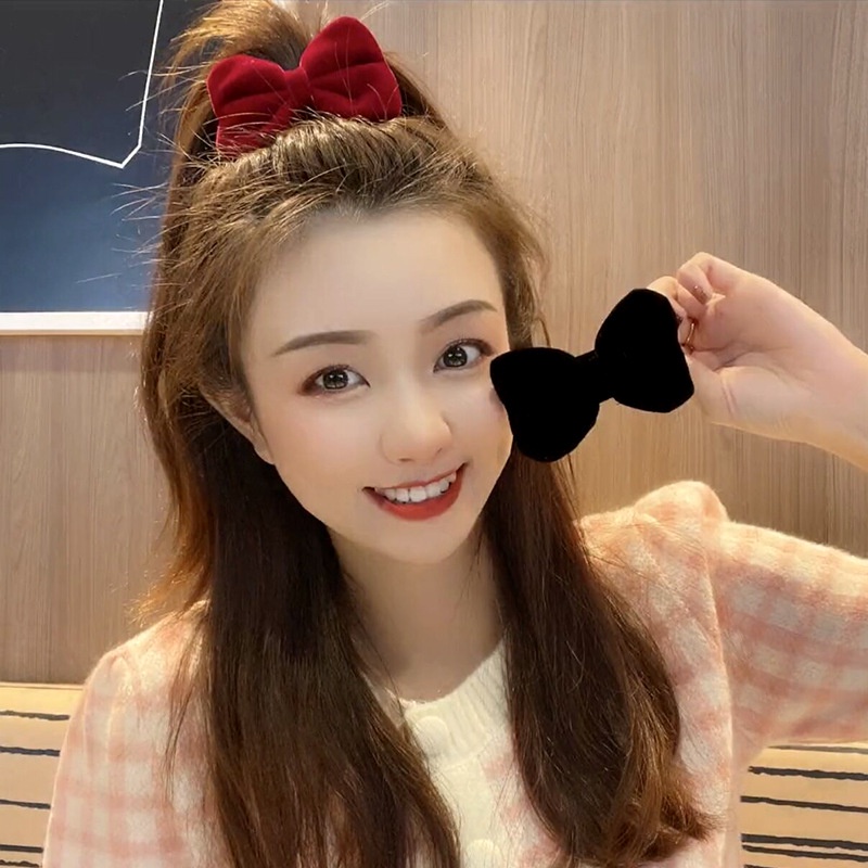 Kẹp Tóc Nơ Bằng Nhung Màu Đỏ Phong Cách Hàn Quốc Đơn Giản Dành Cho Nữ