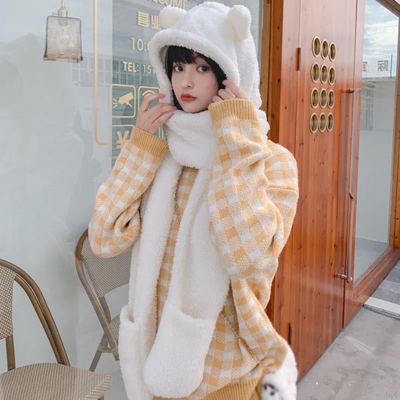 Bộ ba món gồm mũ + khăn choàng cổ + găng tay dày dặn hình gấu dễ thương phong cách Hàn Quốc