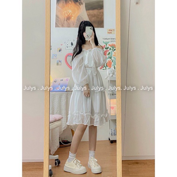 váy trễ vai trắng tay bồng dáng dài, đầm trễ vai tiểu thư dự tiệc chất đẹp, ulzzang xinh xắn