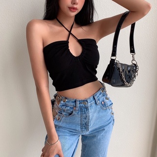 Áo cổ yếm croptop vạt chéo bo ngực