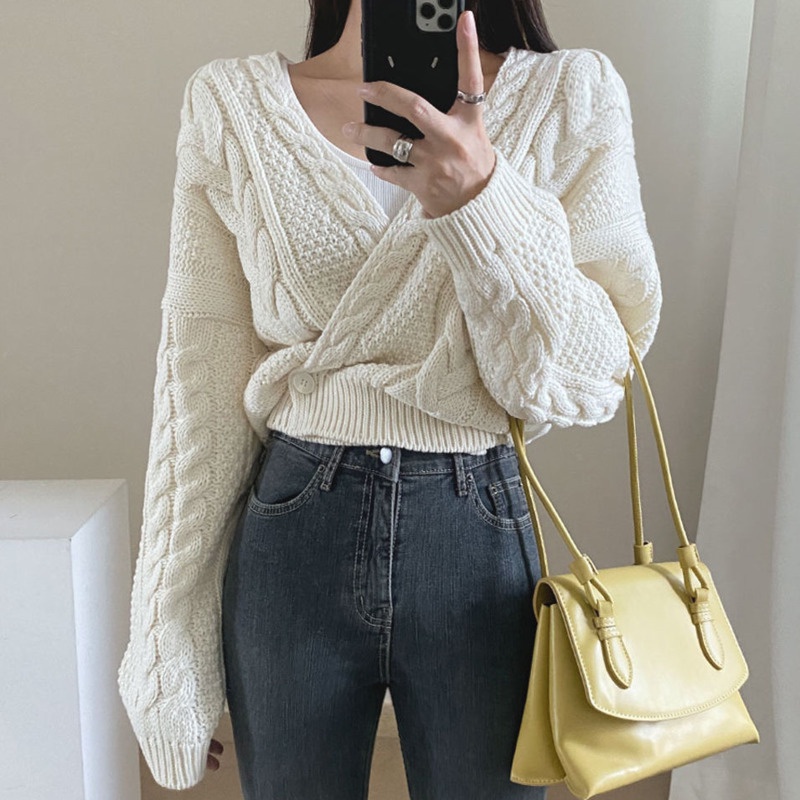 Áo Sweater Tay Dài Phong Cách Retro 185246 Áo Khoác Dệt Kim Dáng Ngắn Phối Nút Xoắn Kiểu Hàn Quốc