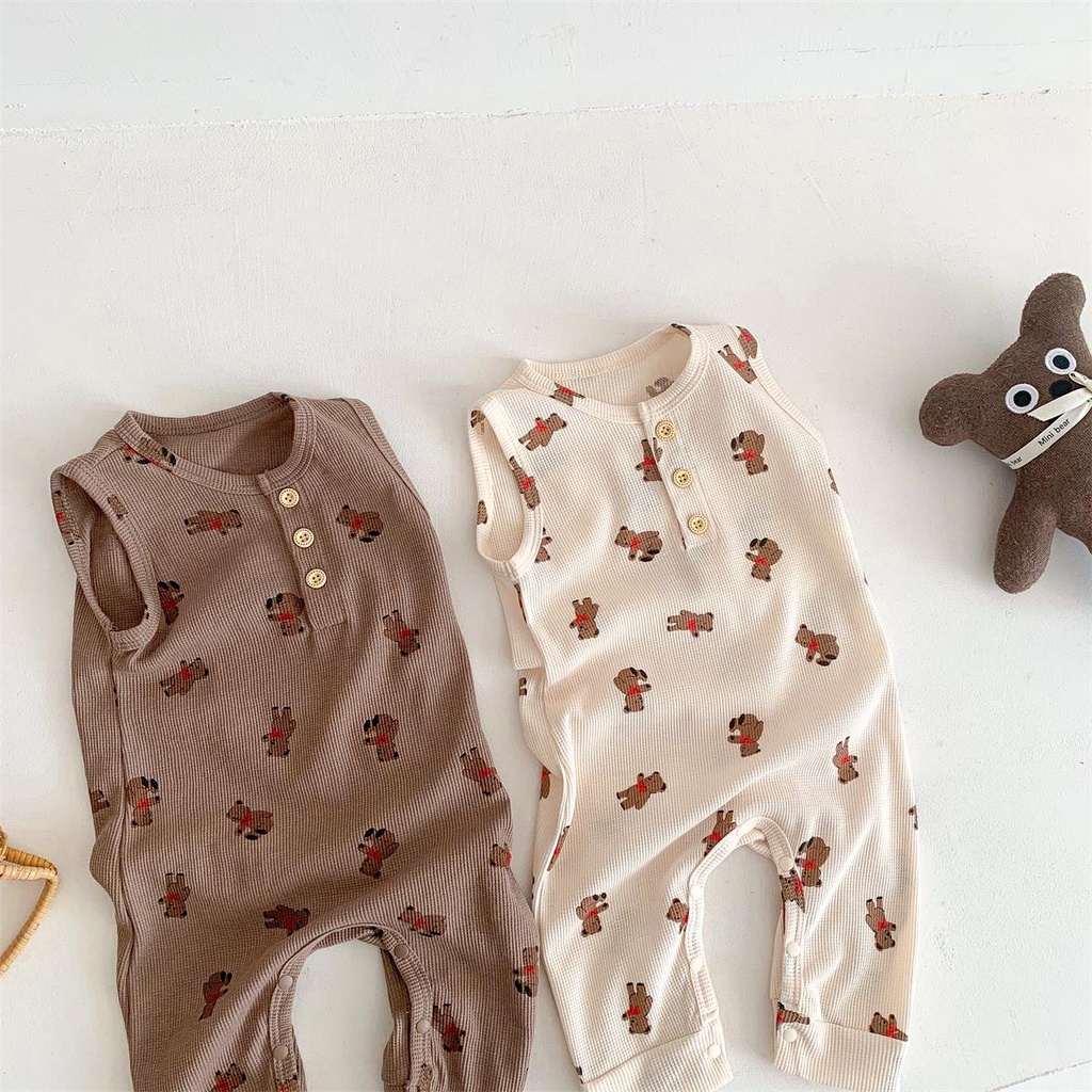 Bộ Áo Liền Quần Không Tay Chất Liệu Cotton In Hình Gấu Dễ Thương Dành Cho Bé Trai Gái