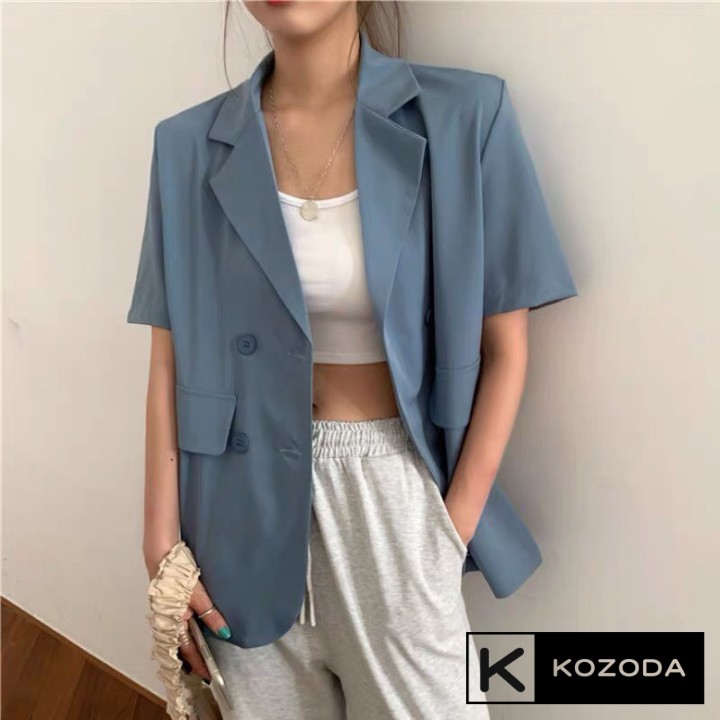 Áo blazer cộc tay túi nắp nữ áo vest khoác ngoài phong cách hàn quốc màu đen trắng xanh tím nâu 1 lớp kozoda AK3