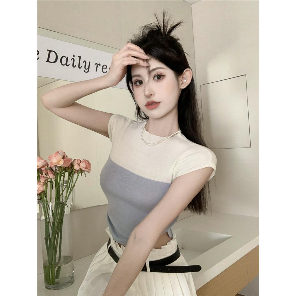 Áo Dệt Kim Sát Nách Cổ Cao Dáng Ôm Phối Màu Tương Phản Thời Trang Hàn Quốc Cho Nữ