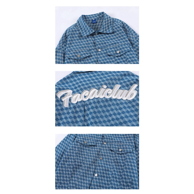 Áo Khoác denim Dáng Rộng Cổ polo Thêu Họa Tiết Kẻ Sọc Caro Thời Trang Phong Cách Hàn Quốc