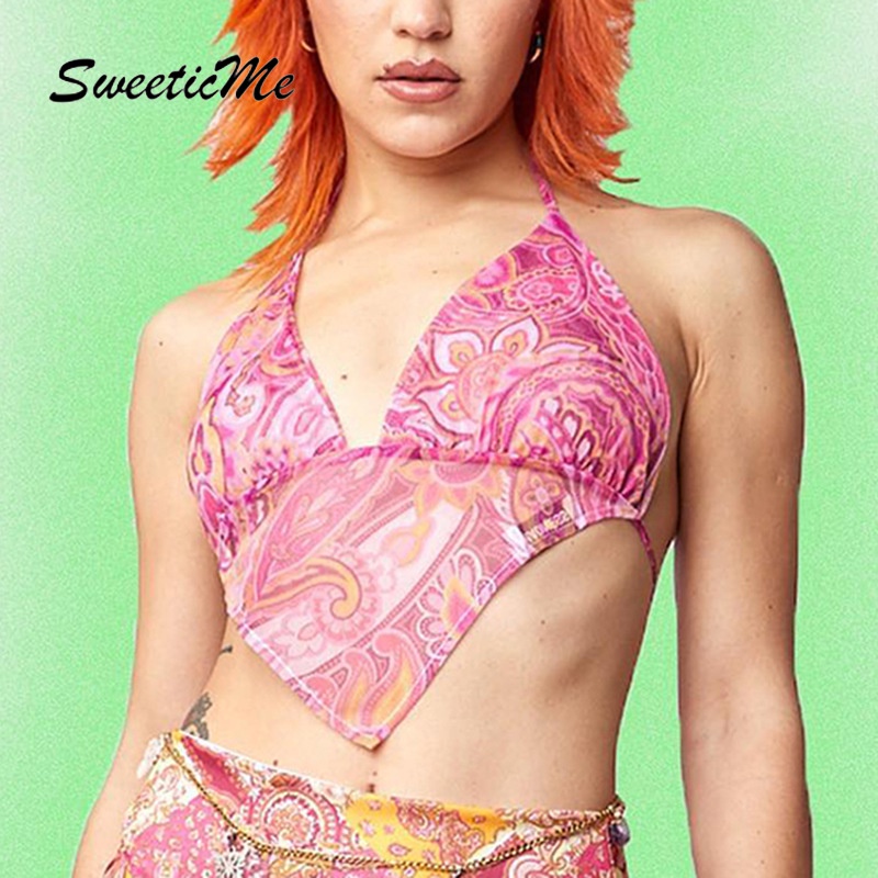 Áo Croptop Sát Nách Cột Dây Hở Lưng In Họa Tiết Thời Trang Quyến Rũ Cho Nữ Sweeticme 2022