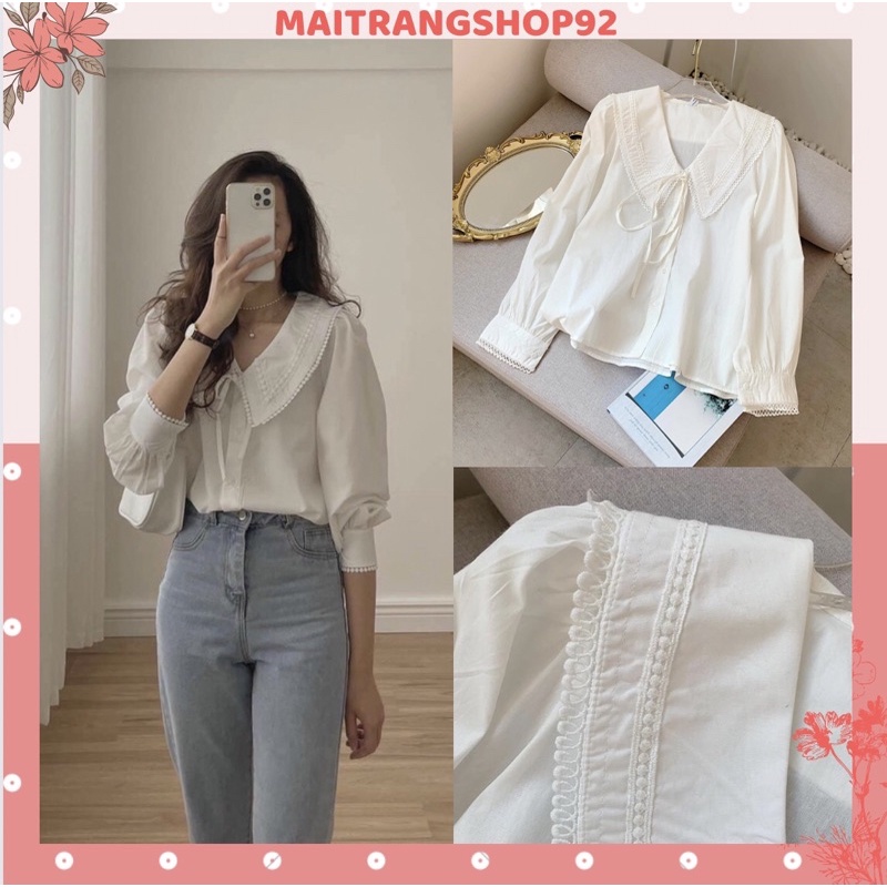 Áo sơ mi trắng nữ tay dài công sở phối ren buộc nơ phong cách babydoll Hàn Quốc Maitrangshop92 (TTA101)