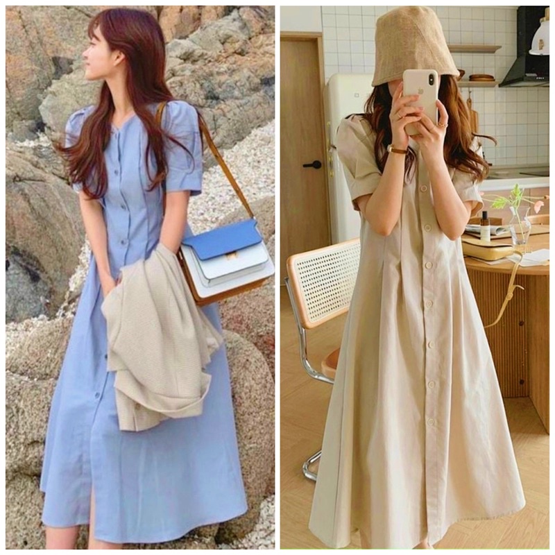 Đầm váy midi nút trước nhúng vai 2 màu (kèm hình thật)