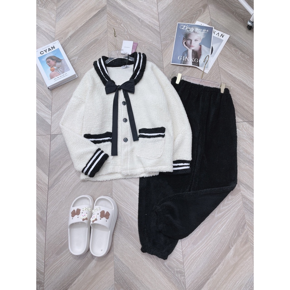 Bộ Lông Thủy Thủ Vintage Lông Cừu Cao Cấp Unisex Nam Nữ  Dáng Rộng Mặc Nhà Mùa Đông Ấm Uzzlang