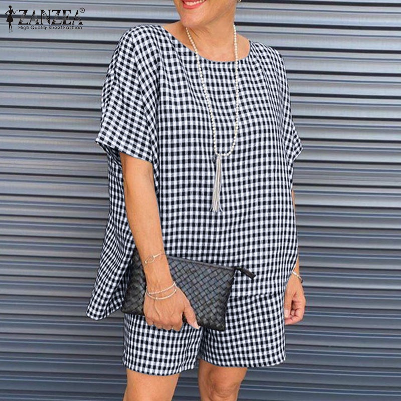 Set đồ ZANZEA gồm áo thun ngắn tay cổ tròn + quần short lưng thun họa tiết caro thời trang nữ