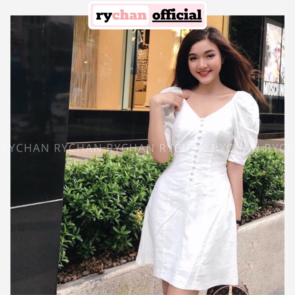 DX617 - Đầm Xòe Trắng Cổ V Phối Nút Tay Phồng