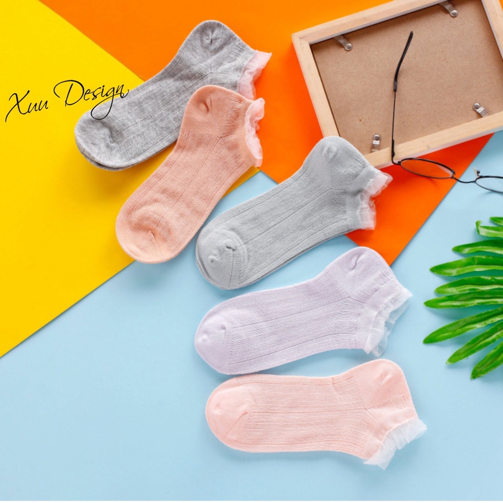 Tất nữ cổ ngắn viền phối lưới tiểu thư Xuu Design chất liệu cotton T06