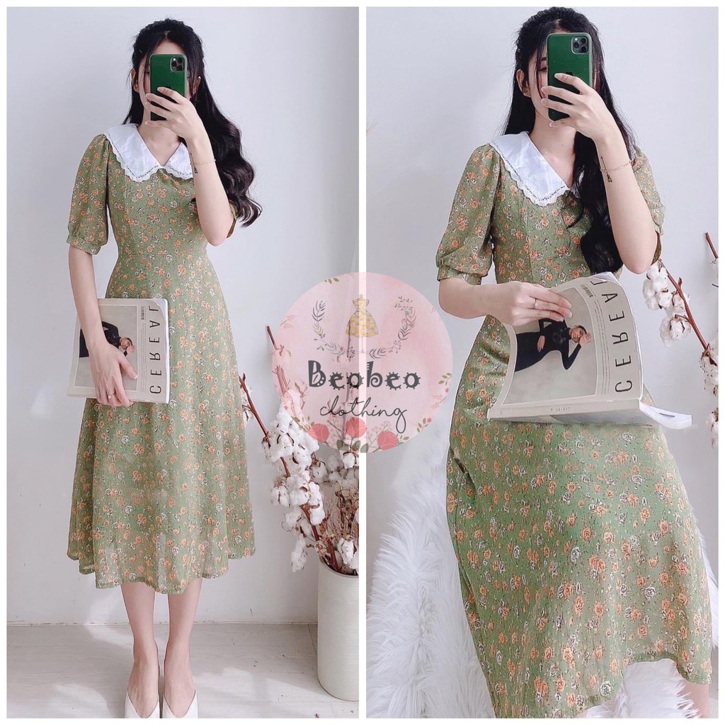 [Ảnh thật] Đầm maxi voan hoa xanh cổ sen viền ren vintage