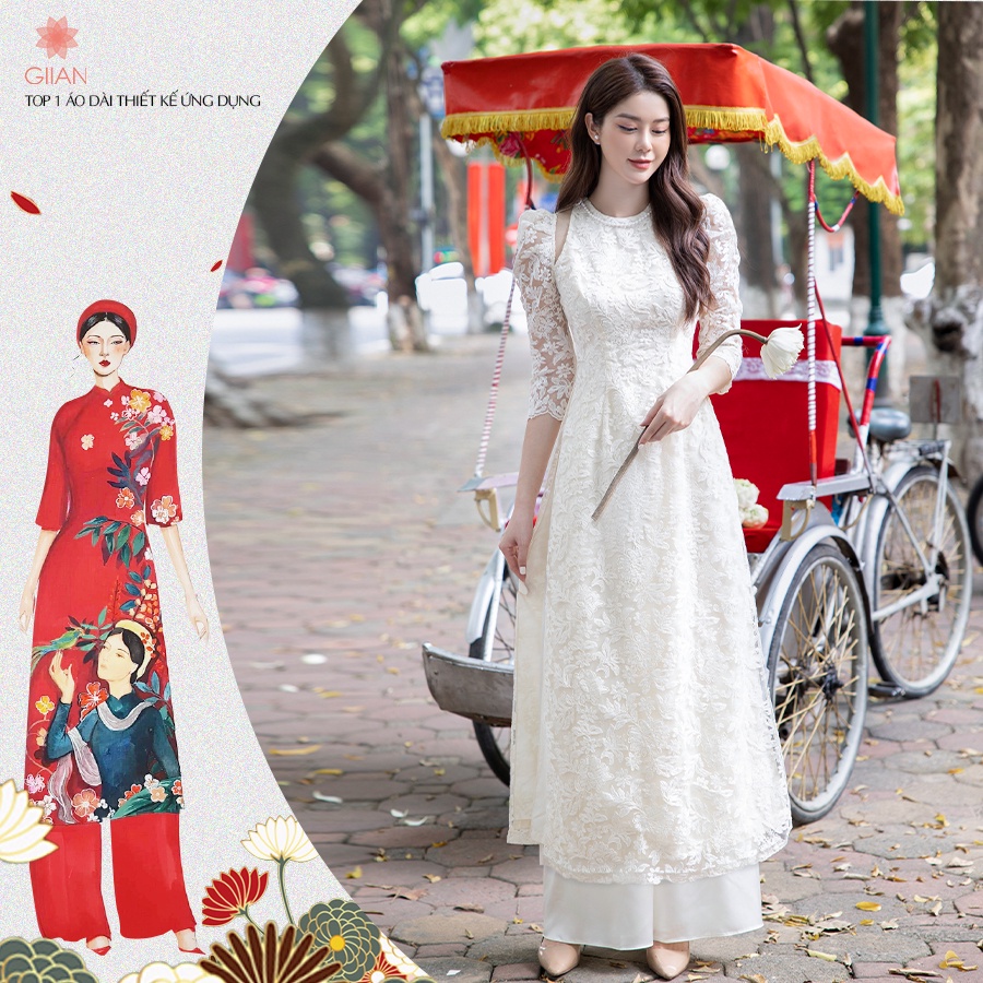 Áo dài cách tân phối ren tay bồng xẻ vai, áo dài trắng thiết kế - Thời trang Giian - AD0060