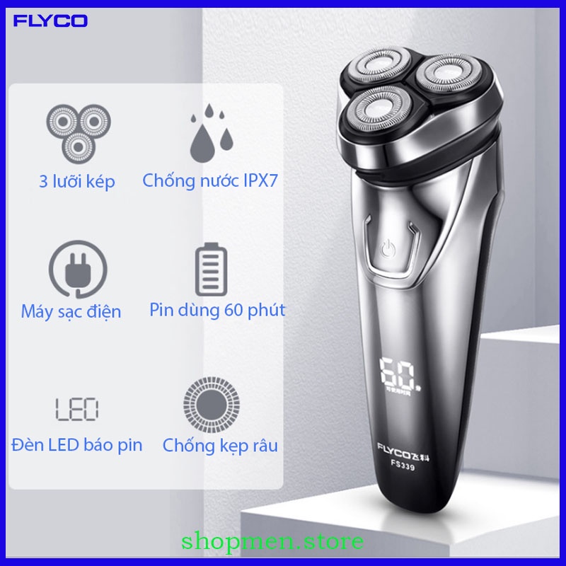 Máy cạo râu Flyco Fs339 dòng cao cấp báo dung lượng pin có chống nước sạc nhanh