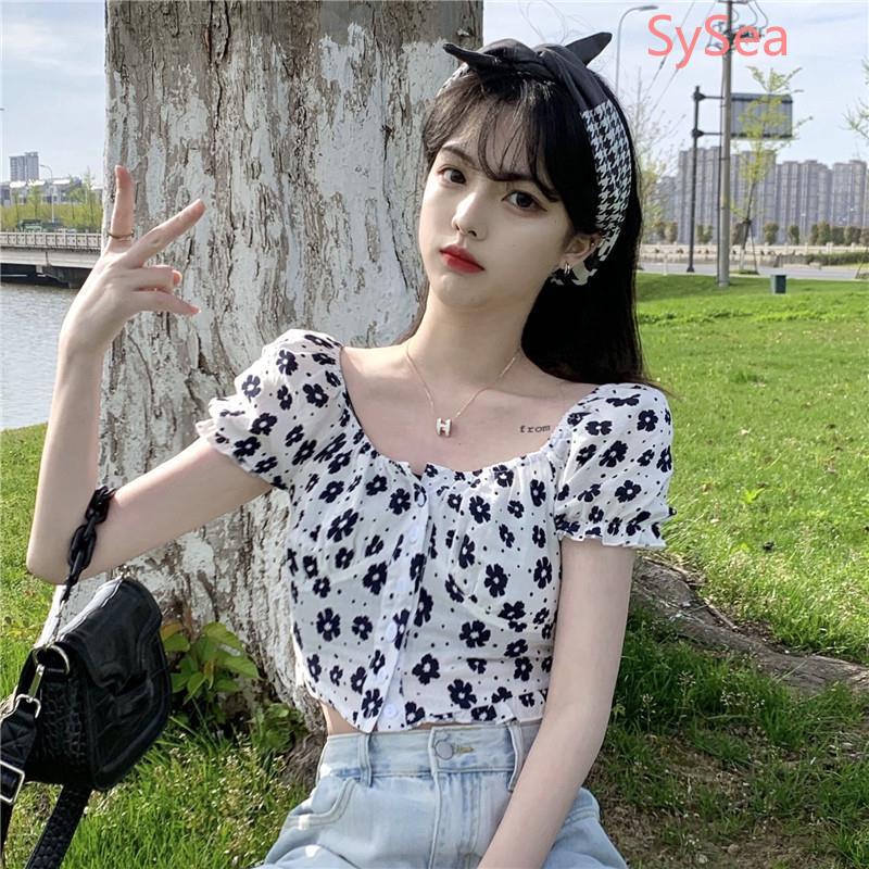 Áo Croptop Tay Ngắn Hoạ Tiết Hoa Thiết Kế Thanh Lịch